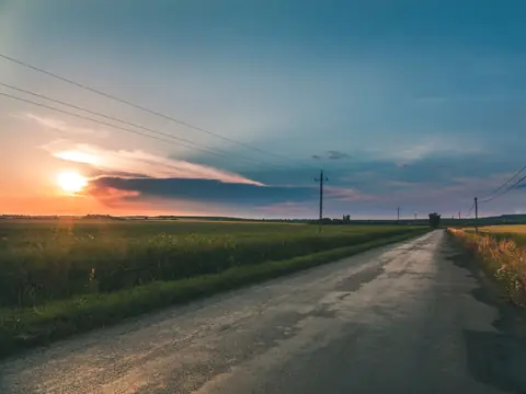 A country road through farm fields at sunset