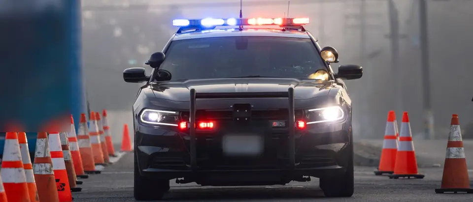 A police car with its lights on behind a row of traffic cones